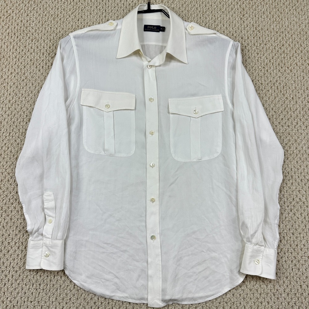 Polo Ralph Lauren Shirt Mens M White Viscose Military Safari Button Up Epaulets